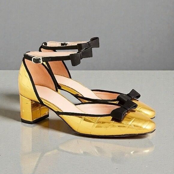 J Crew Gold Party Block Heels 7.5 Leather Ankle Strap Dress Bow Shoes J Crew Gold Party Block Heels 7.5 Leather Ankle Strap Dress Bow Shoes